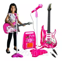 Комплект детской електро гитары + микрофон + усилитель  22407 розовая